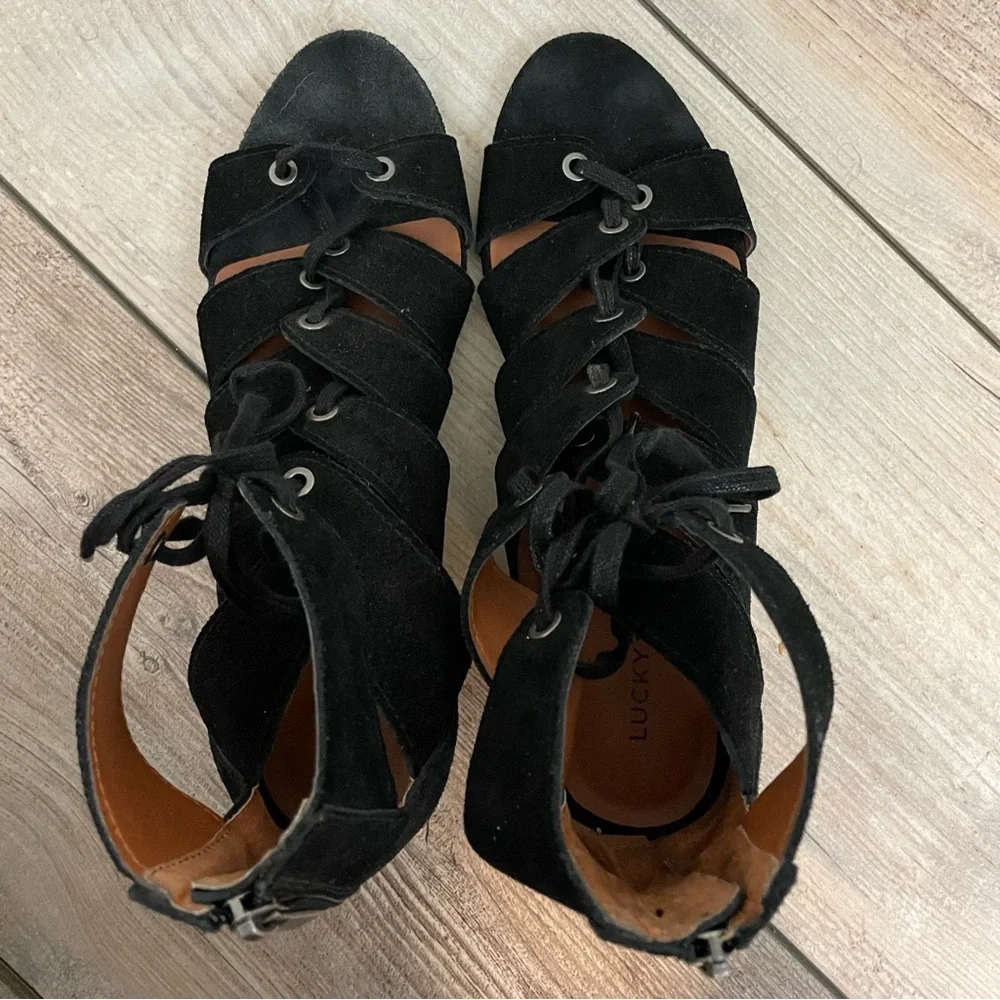 Lucky Brand Genevie Leather Lace Up Open Toe Block Heel Sandals‎